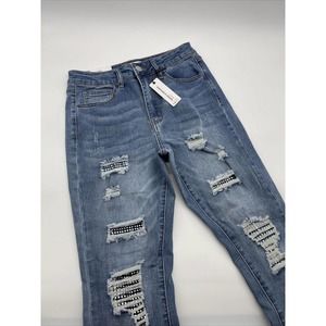Rue21 Jeans Womens 8 Blue‎ High-Rise Ankle Jegging Solid Ripped Repaired Bling